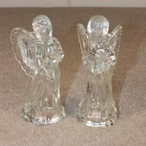 Vintage Clear Glass Angel Figurines Set‎ of 2 Musical Harp Horn Christmas Decor